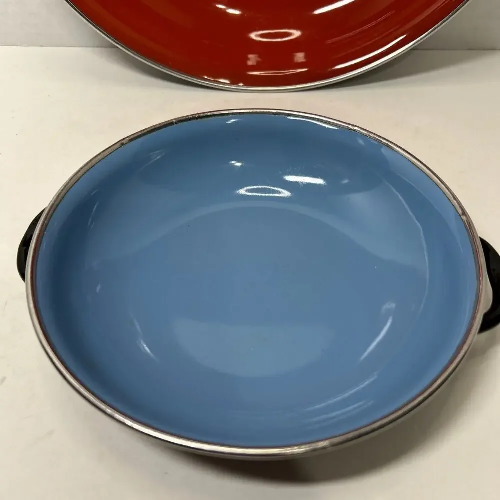 Vtg MCM Emo Celji Style Nesting Enamel Metal 2 Saute Pans Yugoslavia Blue Red